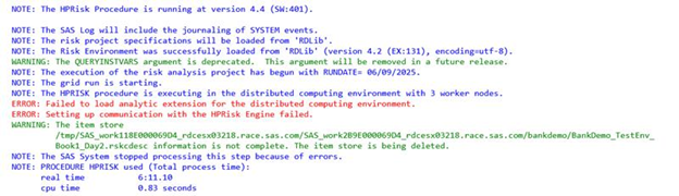 SAS High-Performance Risk reports messages like "ERROR: Failed to load analytic extension for the distributed computing environment" and "ERROR: Setting up communication with the HPRisk Engine failed."