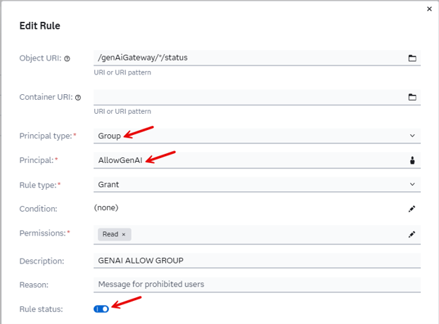New rule with Principal Type set to Group and Principal set to the custom group, in enabled state