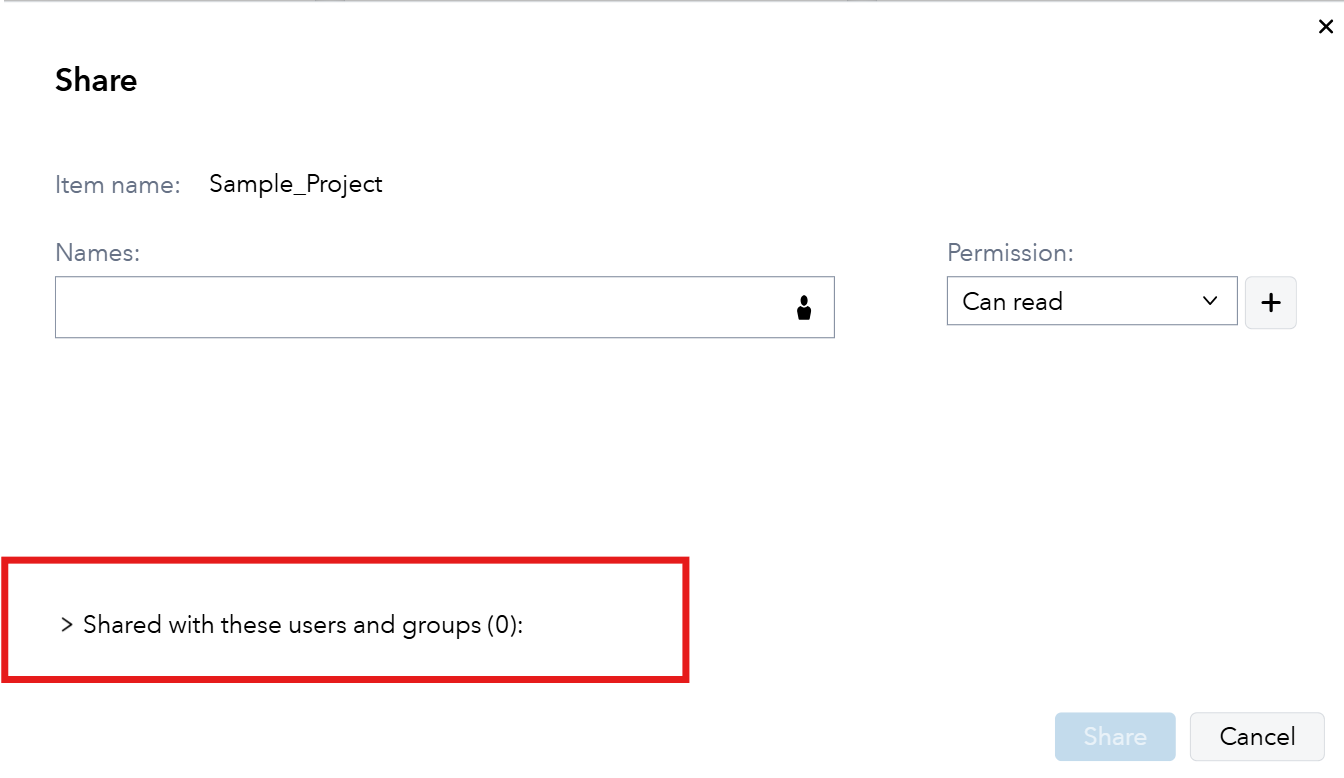 The Share window - "Shared with these users and groups (0):