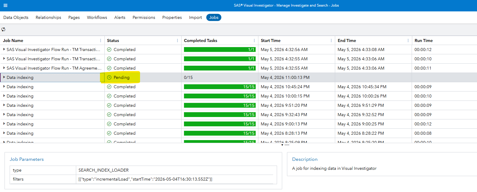 Data indexing job with a Pending Status