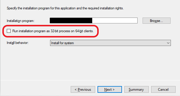 Run installation and uninstall program as 32-bit process on 64-bit clients check box