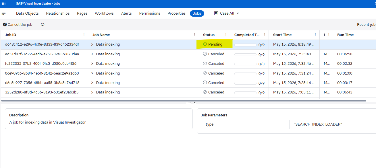 Data indexing job with a Pending status 