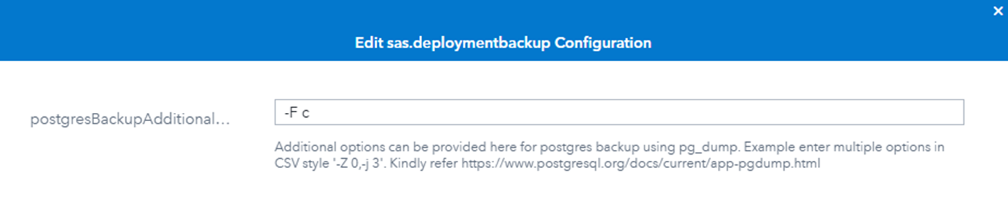 Set the postgresBackupAdditionalOptions option to "-F c" and click Save.