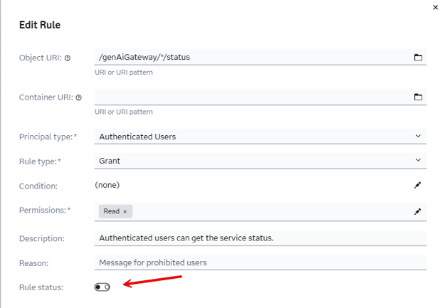 Rules page filtered by /genAiGateway/*/status, showing the AuthenticatedUsers rule set to disabled.