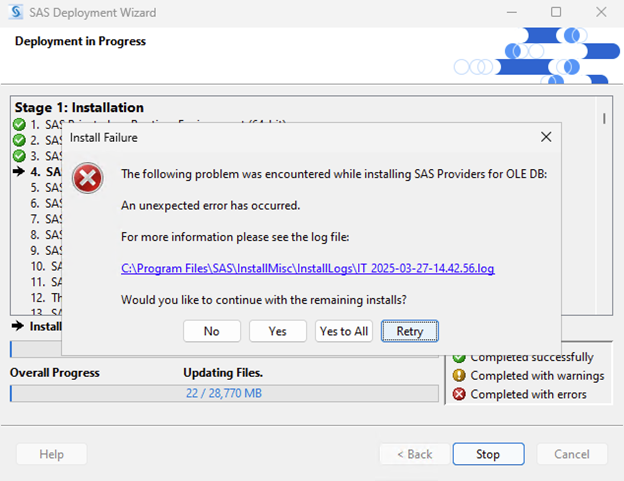 The following problem was encountered while installing SAS Providers for OLE DB: An unexpected error has occurred. 